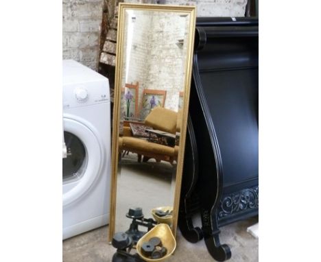 Gilt framed wall mirror, wooden step ladder, set of reproduction metal and brass scales