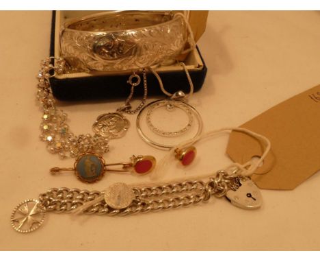 Silver charm bracelet with heart locket, silver engraved bangle & assorted necklaces & jewellery