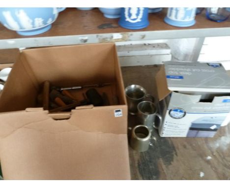 Small collection of hand tools, mini fire extinguisher, paper shredder, 2 pewter tankards, etc.
