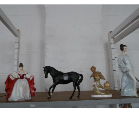 Beswick model of a horse, Crown Staffs fly catcher bird group, Royal Doulton figure Boudoir HN2542 & Royal Doulton figure Sar