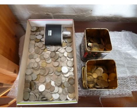 Large collection of mixed world coinage & small hip flask