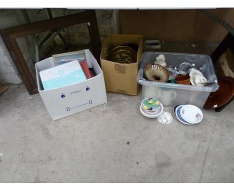 assorted books, first aid box, brass ware, household items. etc.