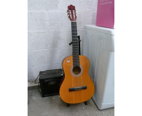 Encore ENC44 classical guitar with stand and Peavey practice amplifier