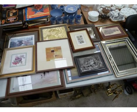 Collection of framed pictures, photographs, steam boat etching, framed mirror, oriental relief