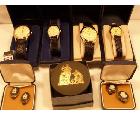 4 ladies and gents Sekonda wrist watches, 2 prs of black Jasper ware clip on earrings, miniature Jasper trinket box