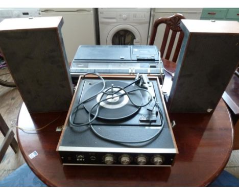 Retro style teak turn table with speakers, Pye vintage radio cassette player Model 0841