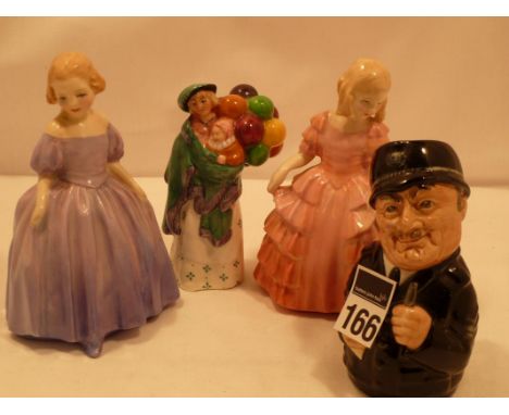 2 small Royal Doulton figures Rose and Marie, small Royal Doulton character jug Sergeant Peeler & miniature figure The Balloo