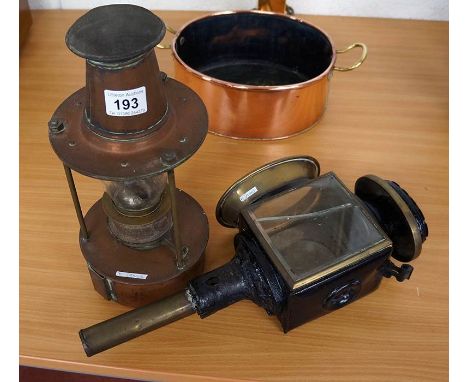 Old coaching lamp and copper ships oil lamp