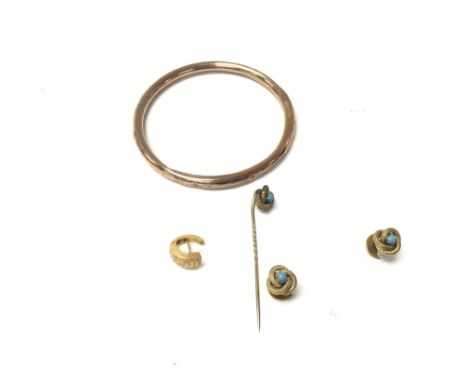A 9ct gold bangle and Unmarked gold earring and turquoise set jewellery. Total weight approximately 21g