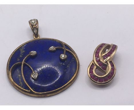 A gold and lapis lazuli pendent and one other stone set ruby coloured and 9carat gold pendant (2)