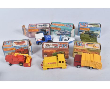 SIX BOXED MATCHBOX SUPERFAST 75 MODEL CARS, the first is a a New 70c S.P. Gun in military green, brown tracks, a  New 52b Pol