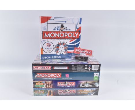 FIVE BOXED HASBRO UK MONOPOLY SETS, to include a sealed 2009 Team GB Special Edition, a sealed 2006 Worcester edition, a unse