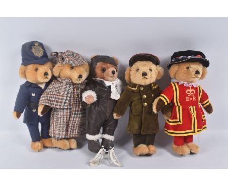 FIVE MERRYTHOUGHT FOR HARRODS TEDDY BEARS, Beefeater, Policeman, Harrods Doorman, Sherlock Holmes and Pilot, all appear in go