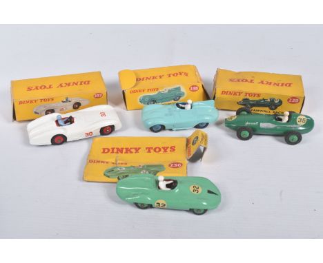 FOUR BOXED DIECAST DINKY TOYS MODEL SPORTS CARS, the first a Mercedes Benz Racing Car, reference 237, white body with red int
