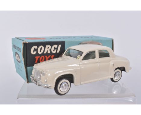 A BOXED CORGI TOYS ROVER 90 CAR, numbered 204, light grey body, flat hubs, silvered detail, added tax disk to window, wear to