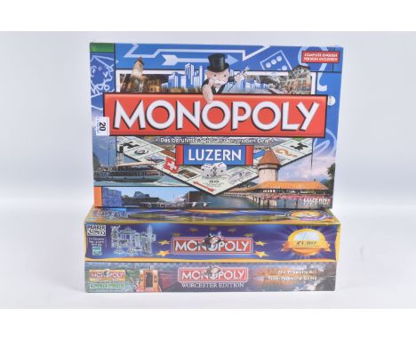 THREE BOXED HASBRO MONOPOLY SETS, to include a sealed 2006 Worcester Edition, a unsealed 1999 Parker Euro '€URO' Edition Excl