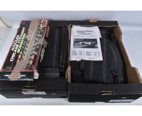 TWO BOXES OF ASSORTED SCALEXTRIC CARS, TRACKS, AND ASSORTED ACCESSORIES, to include a boxed Hazard Chicane Straight, two raci