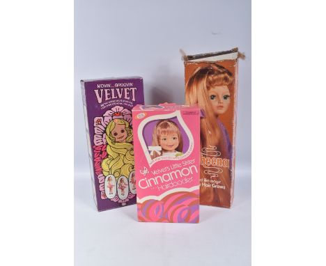 THREE BOXED DOLLS, the first an Ideal Movin'... Groovin' Velvet, reference 1027-2, dolls head wrapped, wearing pink and white