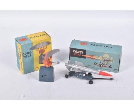 A CORGI TOYS   THUNDERBIRD   GUIDED MISSILE, numbered 350, silver missile with red tip, Airforce blue loading trolley, metal 
