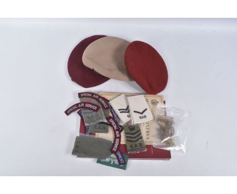 A BOX OF VARIED INSIGNIA, BOOKS ETC WITH AN SAS AND PARACHUTE REGIMENT AND SIGNALS INTEREST, as follows Maroon BeretPotex bra