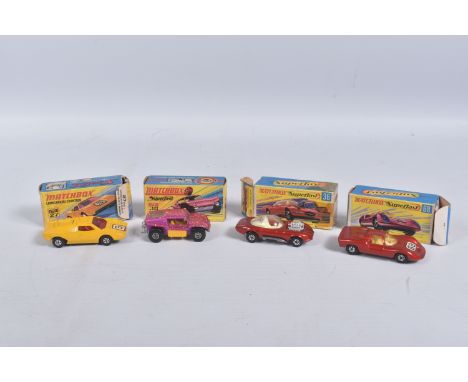 FOUR BOXED MATCHBOX SUPERFAST MODEL CARS, the first a 27 e New Lamborghini Countach, yellow body, red windows, number 3 to bo