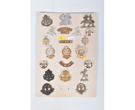 A CARD WITH TWENTY ONE ITEM SUCH AS  COLLAR INSIGNIA, CAP BADGES, SHOULDER TITLES, BUTTONS to name a few,  British Queens, Su