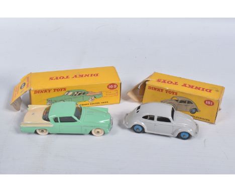 TWO BOXED DIE CAST DINKY TOYS MODEL VEHICLES, the first a type 2 Studebaker Golden Hawk, reference 169, light green body with