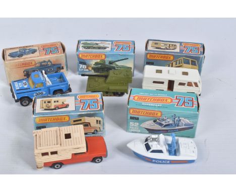 FIVE BOXED MATCHBOX SUPERFAST 75 MODEL CARS, the first a New 54d Mobile Home, cream body with black base, a New 52b Police La