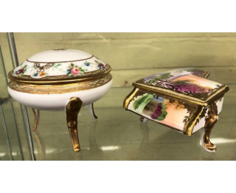 NORITAKE TRINKET BOX IN THE FORM OF A GRAND PIANO AND A CIRCULAR TRINKET BOX ON RAISED GILDED LEGS