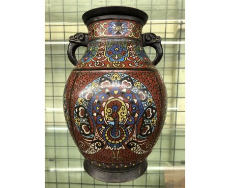 CHINESE CLOISSONE ENAMEL OVOID VASE WITH ELEPHANT MASK HANDLES 30CM