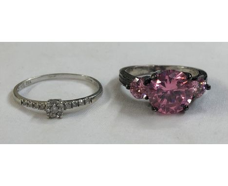 9CT WHITE GOLD AND DIAMOND CHIP SOLITAIRE RING WITH A WHITE METAL PINK THREE STONE RING 6.8g OVERALL