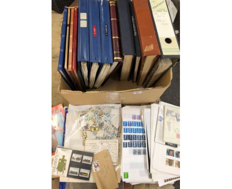 BOX OF MISCELLANEOUS WORLDS POSTAGE STAMPS, GB FIRST DAY COVERS AND POSTAGE STAMP ALBUMS