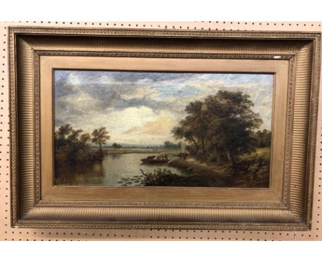 19THC ENGLISH SCHOOL-OILS ON CANVAS - THE RIVER FERRY CROSSING MONOGRAMMED T S DATED 1871 FRAMED 54X29CM  £75-125