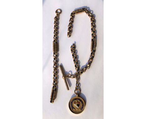 VICTORIAN UNMARKED ROSE METAL ALBERT CHAIN AND T BAR AND 9CT GOLD ENAMEL COUNTY BOWLS MEDALLION FOB. 25G OVERALL
