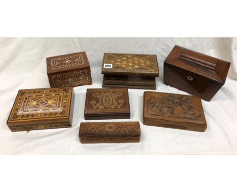 SELECTION OF HARDWOOD,CARVED AND BONE INLAID BOXES AND A REGENCY SARCOPHAGUS TEA CADDY BOX