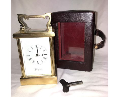 ENGLISH WOODFORD CARRIGE CLOCK IN TRAVELLING CASE-11 JEWELS 15CM HIGH  