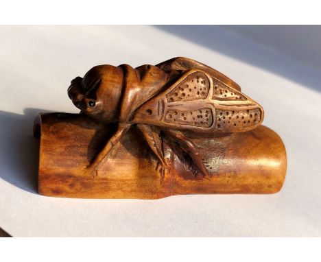 JAPANESE WOOD NETSUKE OF A LOCUST ON A SECTION OF BAMBOO