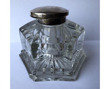 HEAVY GLASS HEXAGONAL PANEL DESK INKWELL WITH SILVER COLLAR AND HINGED LID.-LONDON(chips to base)