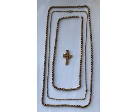 TWO UNMARKED ROSE METAL BELCHER LINK CHAINS,1 A/F-9CT GOLD TRACE NECK CHAIN AND 9CT GOLD CELTIC CROSS(6.2G)31.7G OVERALL 