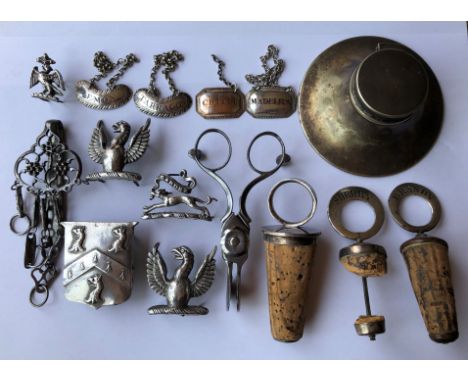 SHEFFIELD PLATED ARMORIAL SHIELD,SPREAD EAGLE MOUNTS AND CANDLE WICK SNUFFER AND CAPSTAN INKWELL