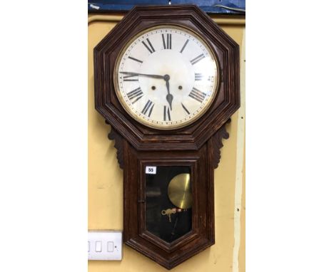OAK CASED WALL CLOCK WITH PENDULUM AND KEY 