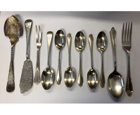 FIVE SILVER TEASPOONS (LONDON), A WMF 90 PICKLE FORK, SILVER FORK AND SPOON, SILVER RIFLE CLUB TEASPOON, SILVER ENGRAVED PRES