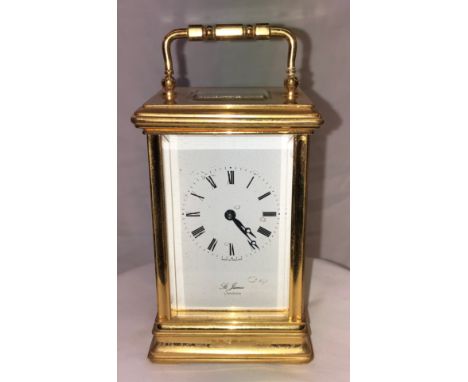 ENGLISH GILT METAL CASED CARRIAGE CLOCK BY ST JAMES,LONDON-11JEWELS 12.5CM HIGH £50-100