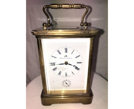 MATTHEW NORMAN GILT METAL 5 PANE CASED STRICKING ALARM CARRIAGE CLOCK-1750 18CM HIGH 