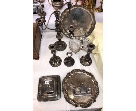 PAIR OF SHEFFIELD PLATE ACANTHUS CANDELSTICKS,PLATED CANDELABRUM,CANDLESTICK AND SEPENTINE BORDER WAITER TRAY