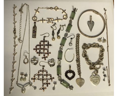 SILVER GREEK KEY BANGLE,SILVER BRACELET WITH HEART SHAPED FOB,PAIR OF TIFFANY SILVER EARRINGS,ETC