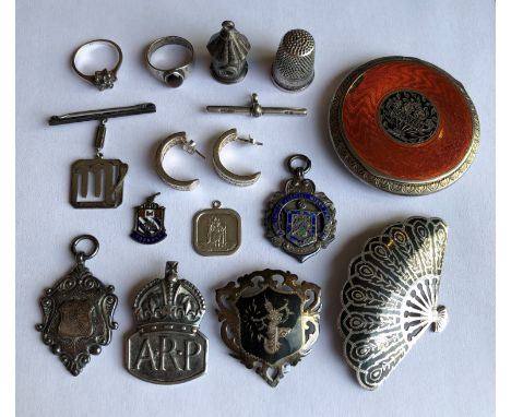 TWO 925 SIAM SILVER NIELLO BROOCHES,ARP BADGE,SPORTING FOBS,ST. CHRISTOPHER PENDANT,,T BAR,SILVER CABOCHON STONE RING,SILVER 