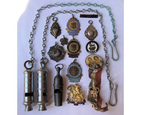 SILVER FOBS,ENAMEL BADGES, TWO WARWICKSHIRE CONSTABULARY WHISTLES AND OTHER