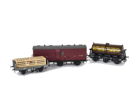 Fine-scale O Gauge LMS and Other Freight Stock, comprising LMS crimson 6-wheeled full-brake van 33908, West Park dairy Co/GW 