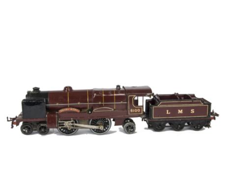 A Hornby O Gauge Clockwork 1930s LMS No 3 'Royal Scot' Locomotive and Tender, in crimson with 6100 to cabsides, with smoke de